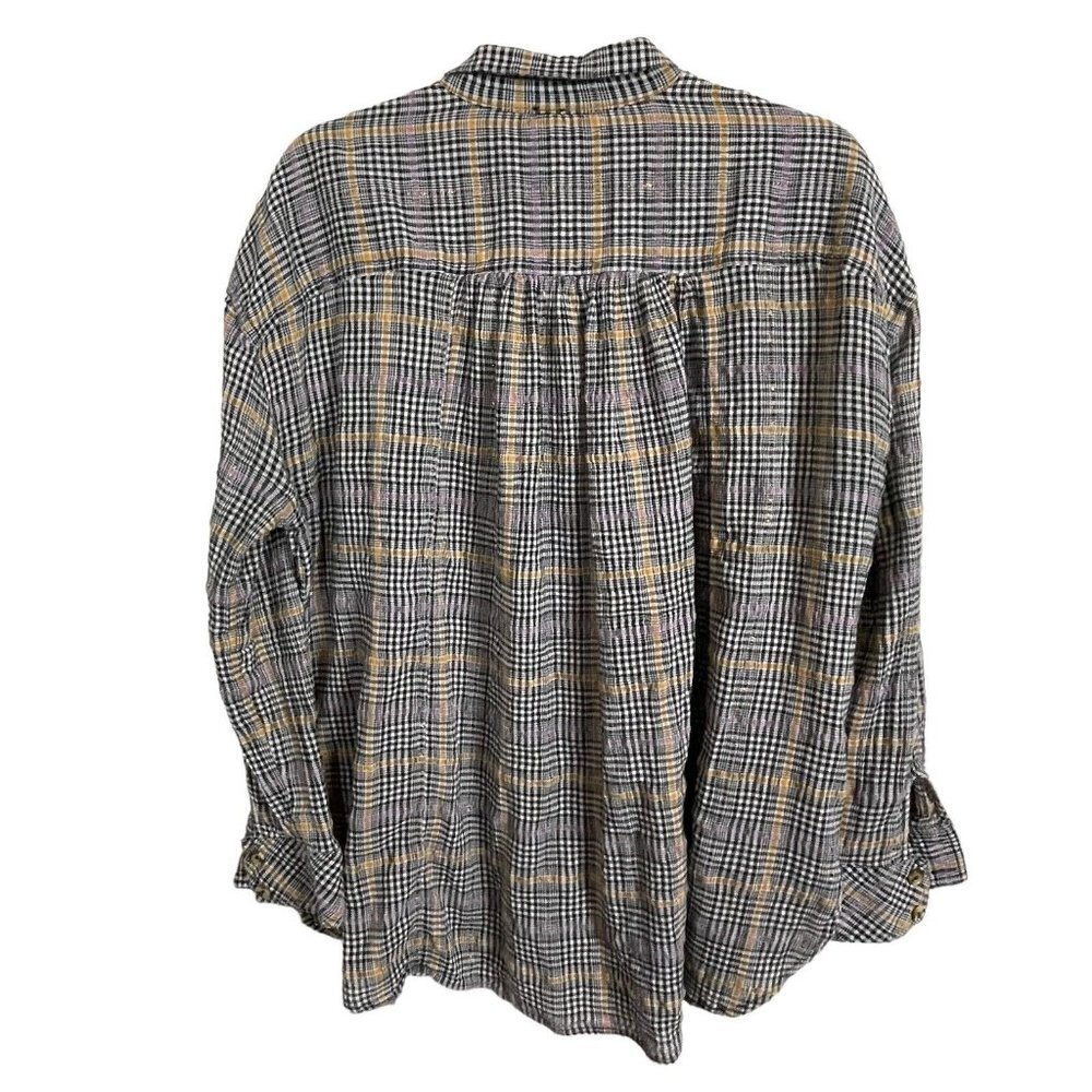 Free People Button Up Black Pink Orange  Metallic‎ Plaid Shirt Size M - Picture 7 of 8